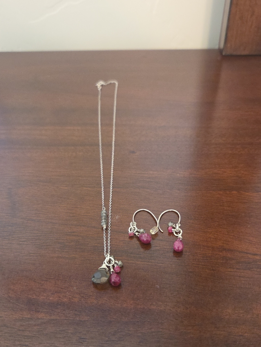 Silver Necklace and Hoop Earring Set with Pink Gemstone Drops